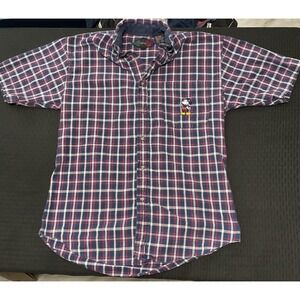 Disney Shirt Mens Sm Blue Red Plaid Short Sleeve Button Up Mickey Mouse Graphic